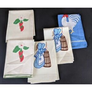 Set 5 Vintage Towels Embroidered Rooster Amish Strawberry Linen York Cottage
